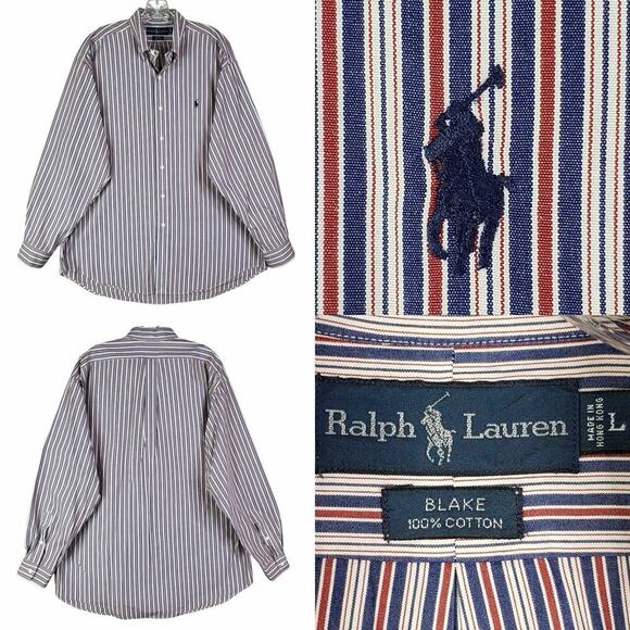 Polo Ralph Lauren Oxford Shirt Mens Size Large L Striped Red Blue LS Button Down - Picture 1 of 10